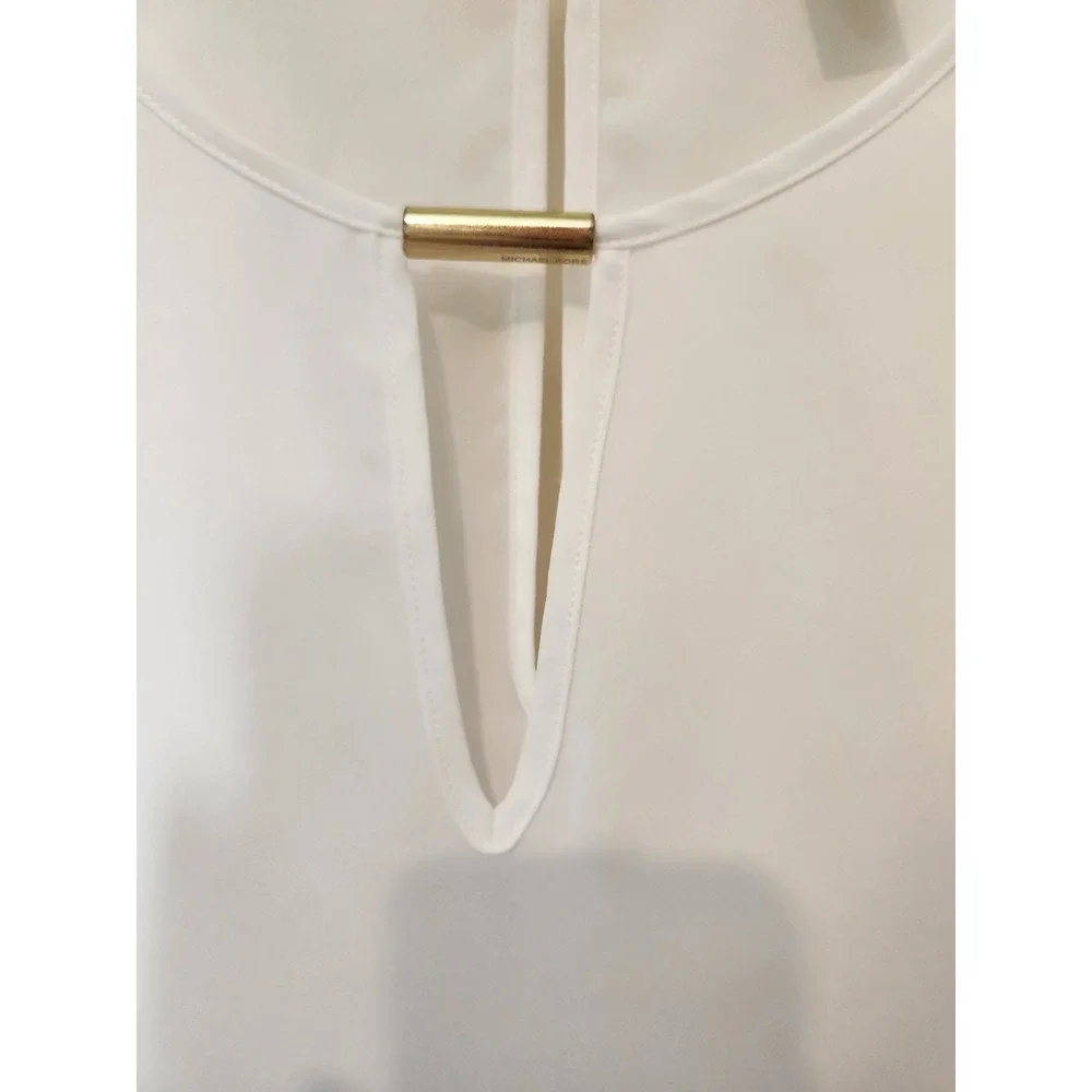 Michael Kors White Chiffon Top Peasant Elastic Smocked Sleeves Keyhole Front Med